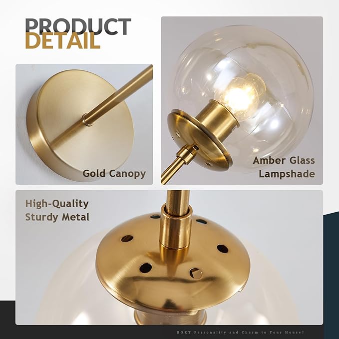 BOKT Mid Century Modern Globe Wall Sconce Lighting Brushed Brass Gold Amber Glass Round Wall Light Fixture Vintage Vanity Globe Bathroom Bar Wall Lamp (Gold+Amber)