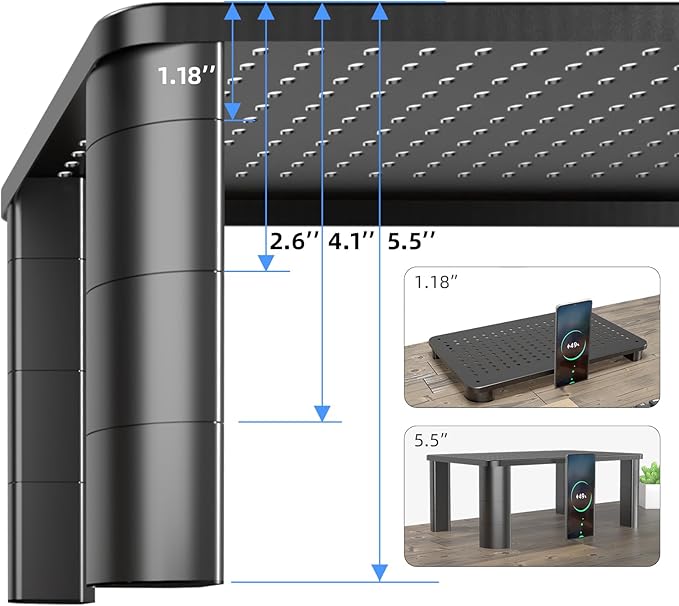 Pholiten Monitor Stand with Storage Drawer | Desk Organizer Riser for Computer Screens, Laptops | Office & Home Workspace Solution, 44lbs Capacity Weight，Black