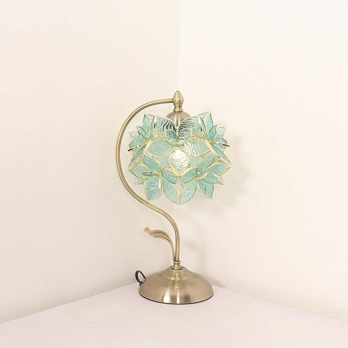 Bieye L10960 Tiffany Style Stained Glass Flower Petal Table Lamp with Brass Base for Home Décor (Light Blue, 8" Rose Lily)