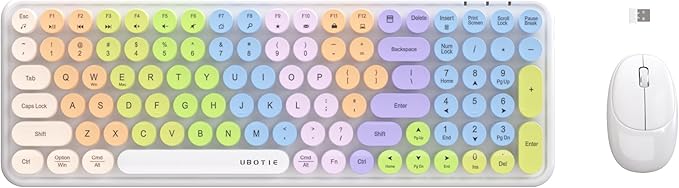 Wireless Keyboards and Mouse Combos, UBOTIE Colorful Gradient Rainbow Colored Retro Typewriter Flexible Keyboard, 2.4GHz Connection and Optical Mouse(White Colorful)