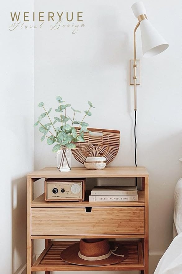 Artificial Eucalyptus Stems in Glass Vase with Faux Water,Artificial Plants Eucalyptus Leaves for Shelf Desk Bathroom Farmhouse Room Coffee Table Home Decor, Central Decoration.