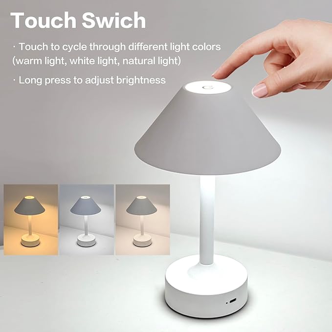 Cordless Table Lamp - Rechargeable Night Light with 2000mAh Battery, Touch Control, Dimmable White/Warm/Neutral Light, Adjustable Height, USB Charging, Ambient LED Bedside Lamp (White)