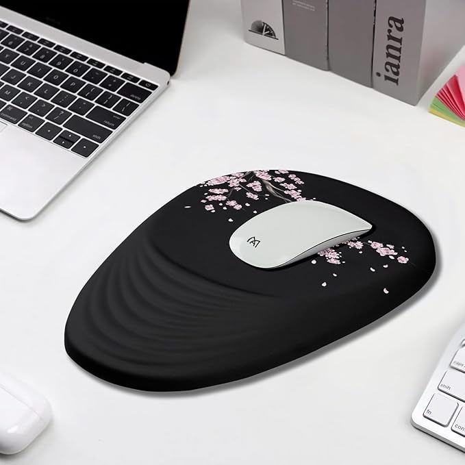 Mouse Pad, Ergonomic Mouse Pad with Wrist Rest Support and Non-Slip PU Base, Cute Mousepad for Pain Relief, Office & Home, Computer, Japanese Plum Blossoms
