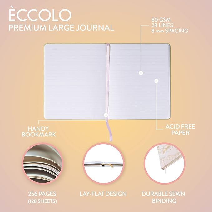 Eccolo Large Lined Journal Notebook, Hardbound Cover, Writing Journal, 256 Ruled White Pages, Ribbon Bookmark, Lay Flat, Desk Size for Work or School, Gold Foil Marble (Pink, 8x10 inches)