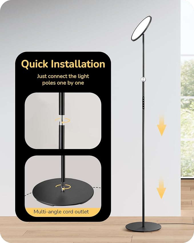 EDISHINE LED Floor Lamp for Reading, 1600LM Bright Dimmable Lamp with Type-C Port, Head & Arm Rotating, 3000K-6000K Tall Modern Minimalist Standing Light for Living Room, Bedroom, Office, Black