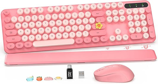 Wireless Keyboard and Mouse Combo - Retro Keyboard with Round Keycaps, Full-Size Typewriter Keyboard with Detachable Wrist Rest, 2.4GHz Connection for Mac/Windows/PC (Baby Pink)