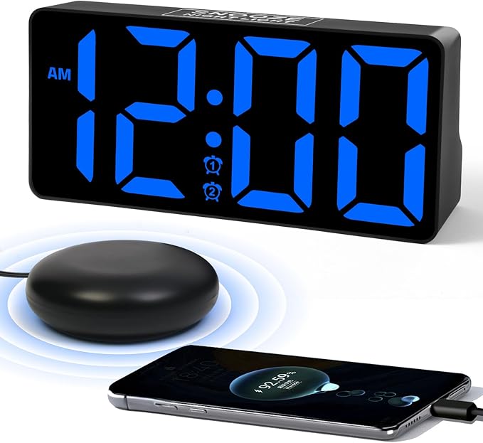 Alarm Clock for Bedroom Heavy Sleepers with Bed Shaker & Night Light-Vibrating Digital Clock Large Dimmable LED Digits with Dual Alarm & Charging Port Table Desk Clock for Hearing Impaired Seniors