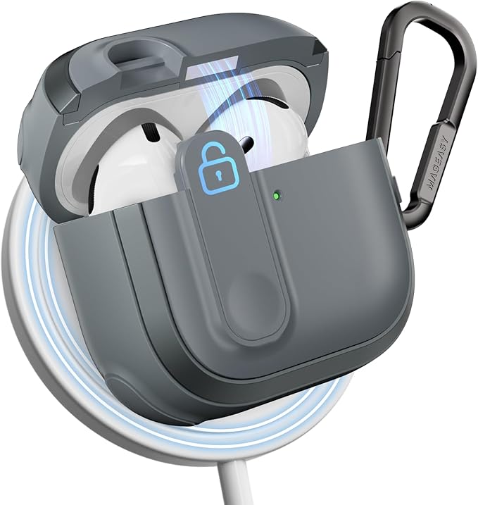 MAGEASY Design for AirPods 4 Case Cover - Rugged AirPods 4 Case with Lock | Work with Cable & Wireless Charging (Only ANC Charge Wirelessly) | Include Carabiner - Odyssey, Metal Blue Gray