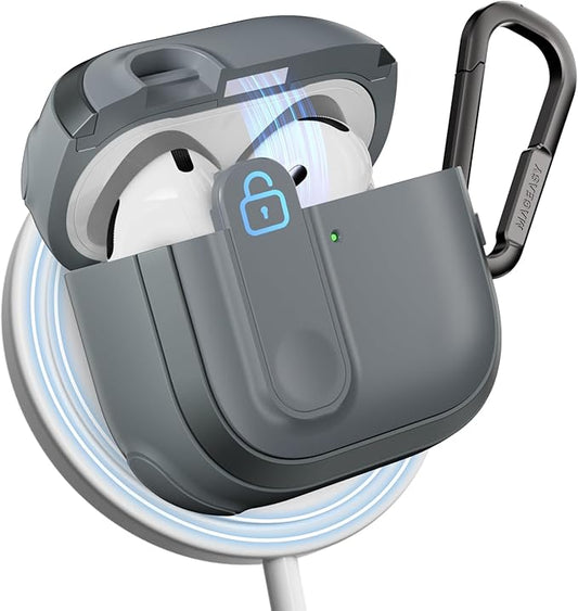 MAGEASY Design for AirPods 4 Case Cover - Rugged AirPods 4 Case with Lock | Work with Cable & Wireless Charging (Only ANC Charge Wirelessly) | Include Carabiner - Odyssey, Metal Blue Gray