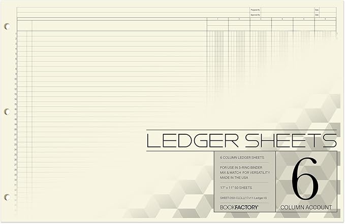 BookFactory Ledger Sheets/Large 6 Column Accounting Ledger Columnar (Six Columns) Loose Leaf Paper - 17'' x 11'', 50 Pages, Loose Leaf, 3 Hole Punched (SHEET-050-CLCLL(17x11-Ledger-6)-AX)