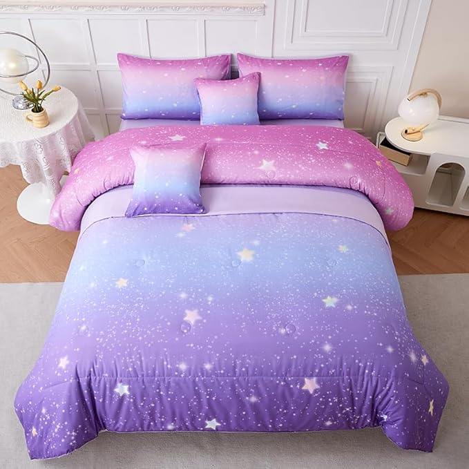 7PCS Purple and Pink Comforter Sets Full Girls Galaxy Comforter Full,Girls Bedding,Bed in a Bag with Flat Sheet and Fitted Sheet,Pillowcases,Cushions for Girl,Purple Bedding Sets