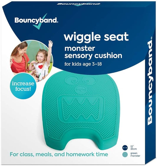 Shaped Wiggle Seats by Bouncyband – Green Monster, 13"x10.5"x2.2" – Inflatable Sensory Cushion for Kids, Improves Student Productivity and Focus, Comes with Easy-Inflation Pump to Customize Firmness