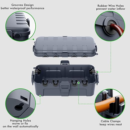 RESTMO Outdoor Electrical Box, IP54 Weatherproof Extension Cord Cover with 6 Cable Entry Ports, Waterproof Connection Box Protect Power Strip, Timer, Plug, Holiday Lights, (11.5x5.2x4 inch), Gray