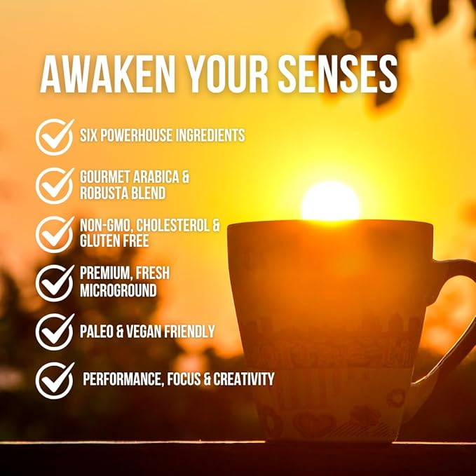 Grateful Earth Mushroom Coffee, Espresso Instant Coffee with Cinnamon, Turmeric, Lion’s Mane Mushrooms, L-Theanine, Chaga Super Brain Blend, Energy & Immune Support, Dairy & Gluten Free, 2 Bags, 40 Ct