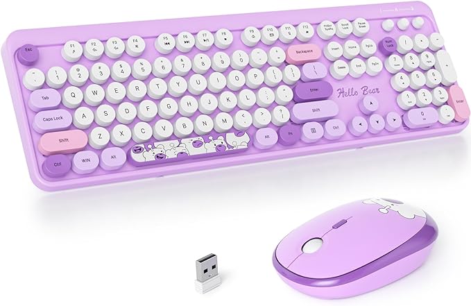 Fogruaden Wireless Keyboard and Mouse Combo 2.4GHz Retro Typewriter Keyboard, 104 Keys Full Size Round Keycap Cute Keyboard and Mouse with Number Pad, Purple Colorful Keyboard for Windows PC Laptop