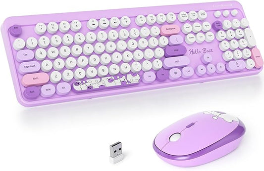 Fogruaden Wireless Keyboard and Mouse Combo 2.4GHz Retro Typewriter Keyboard, 104 Keys Full Size Round Keycap Cute Keyboard and Mouse with Number Pad, Purple Colorful Keyboard for Windows PC Laptop