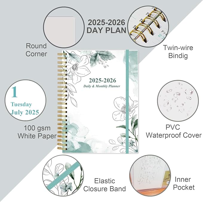 2025-2026 Daily & Monthly Planner - One Page Per Day, Daily Planner 2025-2026 from July 2025 to June 2026, Planner 25-26 with 12 Monthly Tabs, 6.4" x 8.5", Teal Flowers