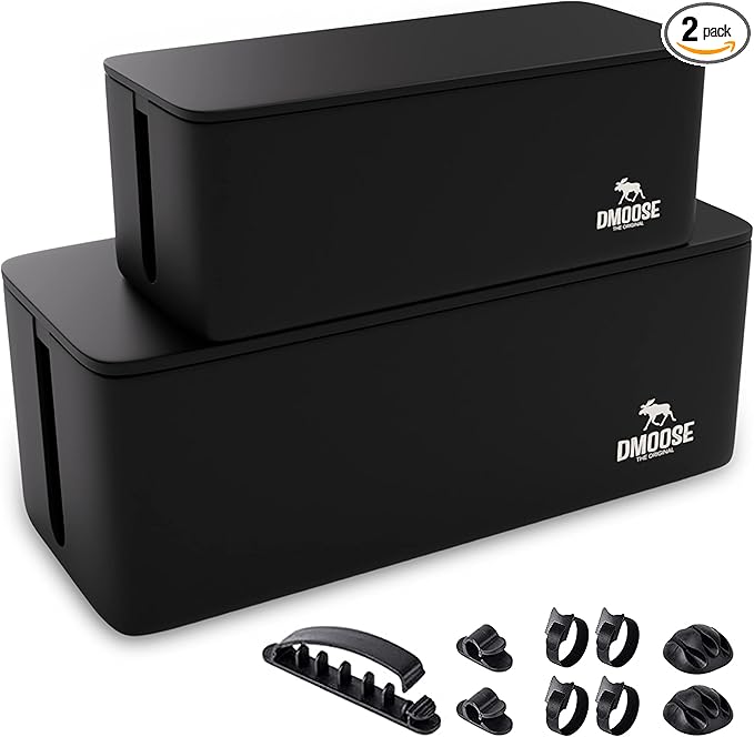 DMoose Cable Management Box - 2 Pack Medium & Large Cord Organizer for Desk & Floor, Cable Organizer Box for Child & Pet - Cable Box Hider for Tidy Office & Home, Power Strip Cover (Black - Pack of 2)