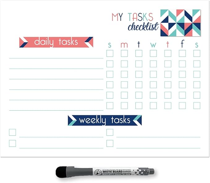 Dry Erase Whiteboard Task Planner | Removable and Restickable Adhesive Decal | Fine-Tip Magnetic Marker Included (9 x 12 inches, Geometric)