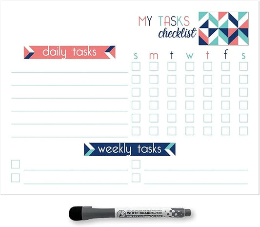 Dry Erase Whiteboard Task Planner | Removable and Restickable Adhesive Decal | Fine-Tip Magnetic Marker Included (9 x 12 inches, Geometric)