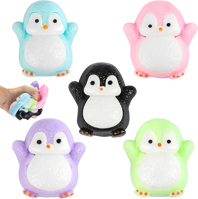 Cute Penguin TaBa Squishy Toys - Kawaii Stress Relief Fidget Sensory Toys, Soft Silicone Squeeze Gifts for Children, Teens, and Adults (5-Pack Black + Green + Pink +Purple+Blue)