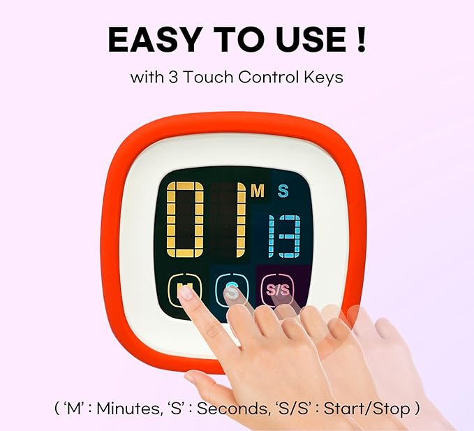 Digital Kitchen Timer, Countdown, Countup, Protective Rubber case, Large Display with Color Bold Digits, Touch Control, Backlit, Magnetic Kickstand, Loud Alarm, Auto Memory (Hot Rose)