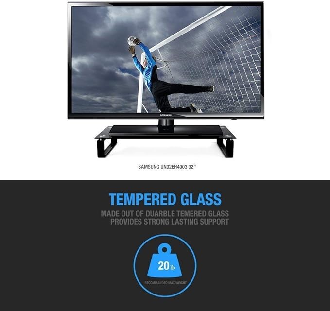 Eutuxia Type-S Black Tempered Glass Monitor Stand, TV, Laptop, Computer, All-In-One Desktop, Printer Riser [21.75 x 8.25 x 3.25 Inches]