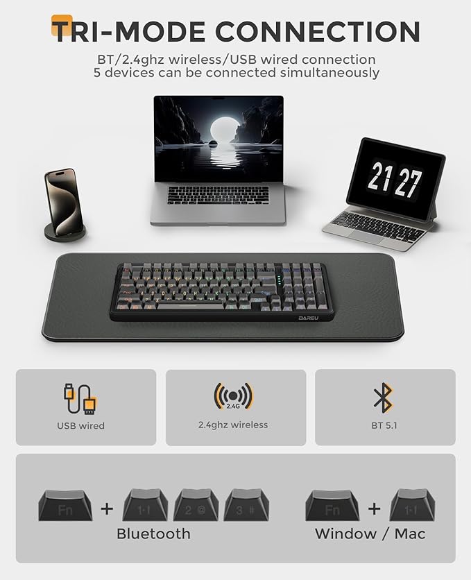 DAREU EK98PRO Wireless Mechanical Keyboard, Gasket Hot Swappable Custom, Pre-lubed Linear Switches, Side Printed PBT Keycaps, BT5.0/2.4GHz/USB-C, RGB Backlit Gaming Keyboard for Win/Mac