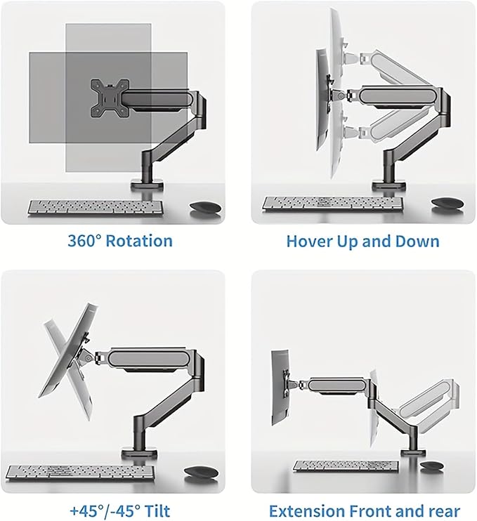 Ultrawide Monitor Arm for 13 to 32 inch Flat/Curved Computer Screen, Gas Spring Single Monitor Mount Holds up to 17.63 lbs, Clamp & Grommet Base, VESA 75x75/100x100mm, Black