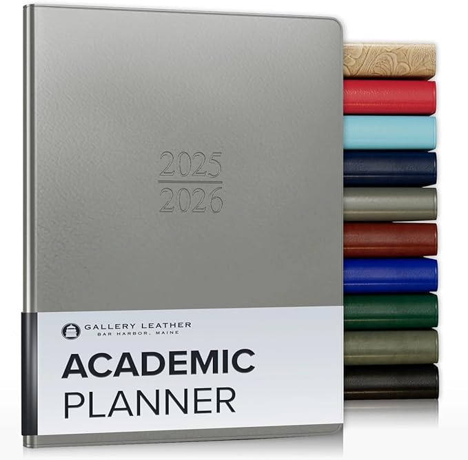 Gallery Leather Academic Planner 2025-2026, Teacher and Student Weekly Monthly Planner, Elegantly Bound Calendar with Gold-Gilded Page Edges, 18 Months - Freeport Metallic Silver - 9x7"