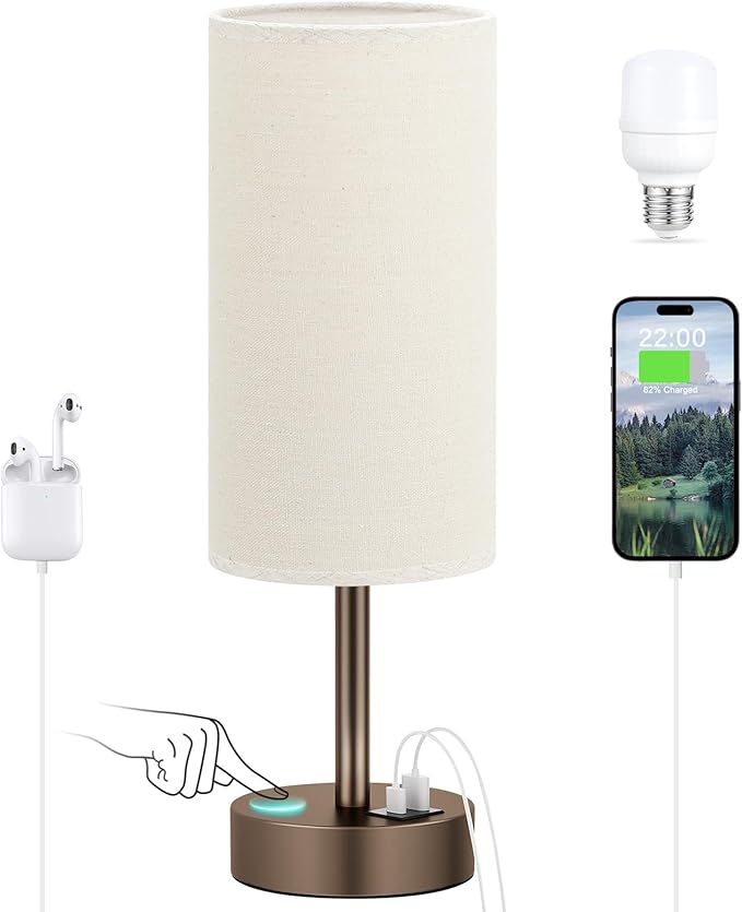 Beige Touch Table Lamp for Bedroom - 3 Way Dimmable Bedside Lamp with USB, Nightstand Lamp with Brown Charging Station for Desk, Dorm, Office