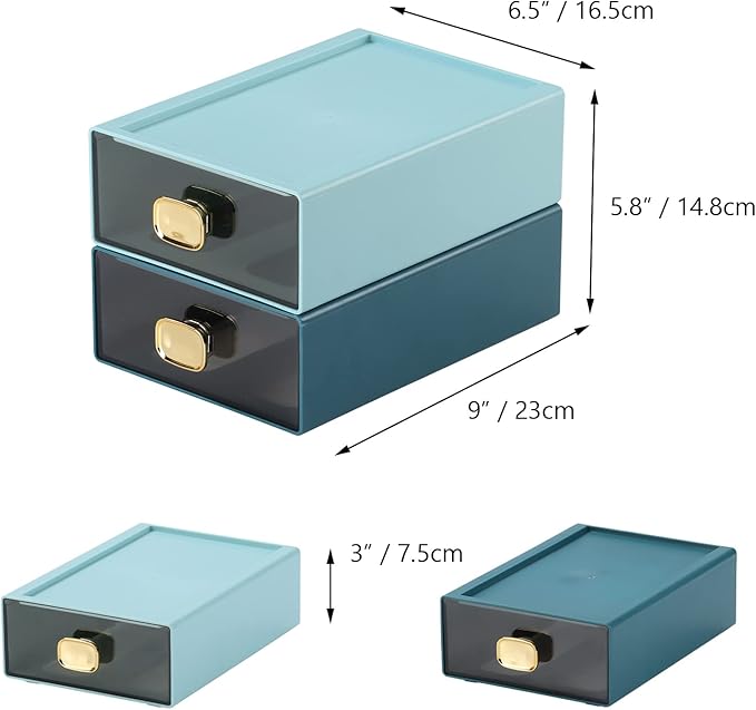 Spacious Desk Drawers, Stackable Desktop Organizer, Plastic Storage Box for Office, School & Home Supplies (2 Middle Drawers, BU & CYAN)