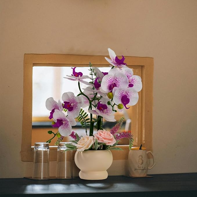 LESING Artificial Orchid Flower with Vase, White Orchid Bonsai Faux Orchid Phalaenopsis Plant Pot Arrangements for Home Decoration (White Purple,Beige Vase)