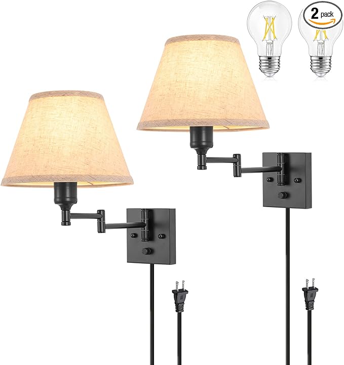 TRLIFE Wall Sconce Plug in, Dimmable Wall Sconces Set of Two Swing Arm Wall Lights with Plug in Cord and On/Off Dimmer Rotary Switch, 9.4" Medium Beige Fabric Shade(2 Pack, 2 Bulbs)