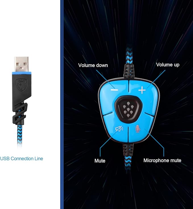 SADES SA902 Stereo Gaming Headset 7.1 USB Surround Sound PC Headsets Over-Ear Gaming Headphones with Microphone LED Light Black Blue