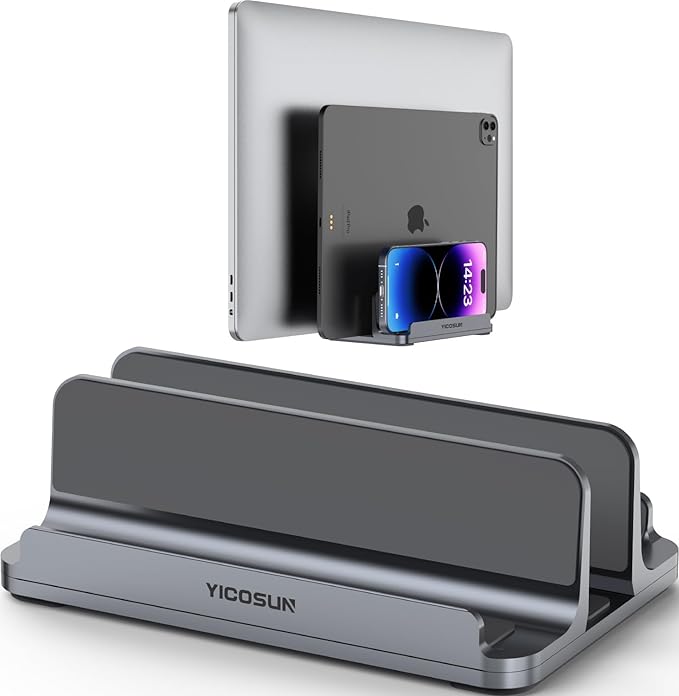 3 Slots Aluminum Vertical Laptop Stand for Desk - Adjustable Width Dock for MacBook, Surface, Samsung, HP, Dell up to 17.3 inches - Space-Saving & Protective Design - Gray