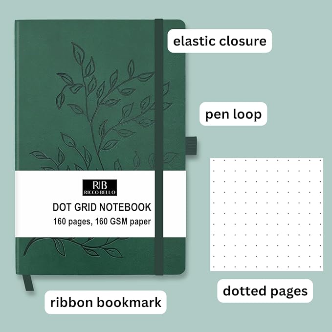RICCO BELLO Hardcover Dot Grid Journal Notebook, Lay Flat Design, Pen Holder, 5.7 x 8.4 inches, Thick 160 gsm Paper, 80 sheets/160 pages (Green Leaves)