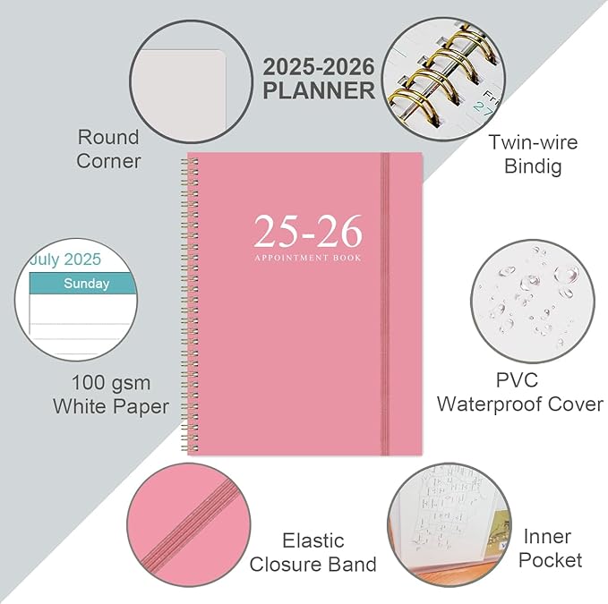 2025-2026 Appointment Book & Planner - 8.5" x 11" Daily Hourly Planner 2025 from July 2025 - June 2026, Weekly Appointment Book with 30-Minute Interval, Pink