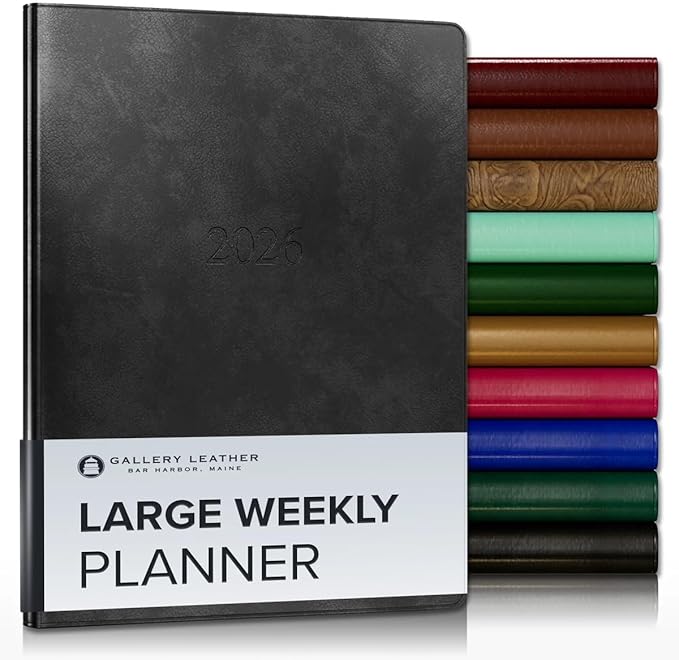 Gallery Leather Large Weekly Monthly Planner 2025-2026, Elegantly Bound Calendar Planner and Notebook with Stylish Gold-Gilded Page Edges, 12 Months - Acadia Black - 9.75 x 7.5 "