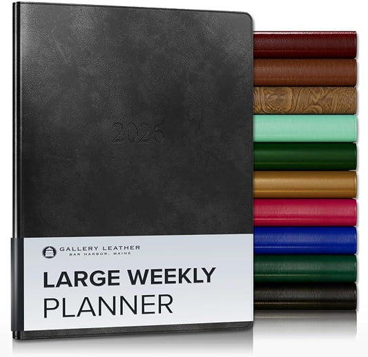 Gallery Leather Large Weekly Monthly Planner 2025-2026, Elegantly Bound Calendar Planner and Notebook with Stylish Gold-Gilded Page Edges, 12 Months - Acadia Black - 9.75 x 7.5 "