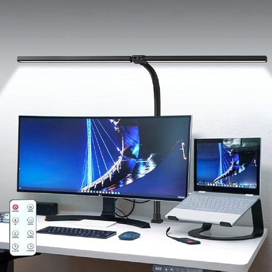 LED Desk Lamp for Office Dorm Home - Eye Caring Desk Light with Timer, Remote Control 24W 5 Color Brightest Dual Screen Computer Monitor Gooseneck Dimmable Table lamp with Anti-Glare Cover Clamp