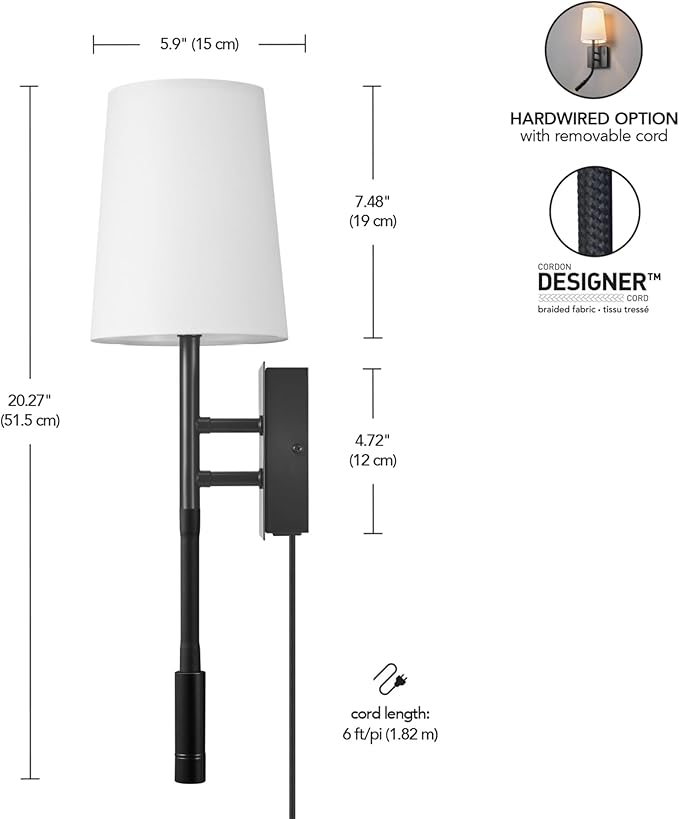 Globe Electric 1-Light Plug-in or Hardwired Wall Sconce with Reading Light, USB-A Port, USB-C Port, LED Integrated Reading Light, Matte Black, White Fabric Shade, On-Off Pull Chain and Rocker Switch