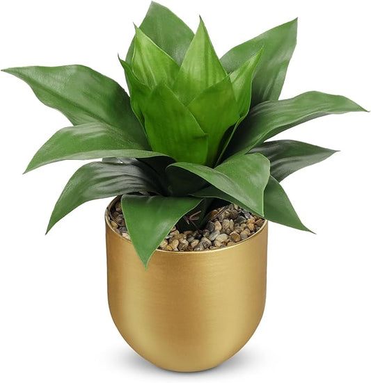 Briful Agave Artificial Wide Leaf Plant in Gold Pot – 10.2” Tall Faux Greenery with Lush Plastic Leaves & Pebble Base, Fake Plant Decor for Indoor Tabletop, Office Desk, Bathroom Shelf