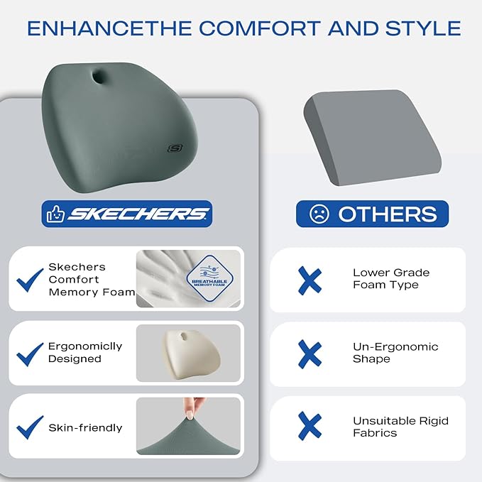 Skechers Lumbar Support Pillow for Office Chair,Memory Foam Lumbar Pillow,Lower Back Pain Relief Lumbar Pillow,Ergonomic Design Back Support Pillow for Office Chair,Car,Home,Travel,Green