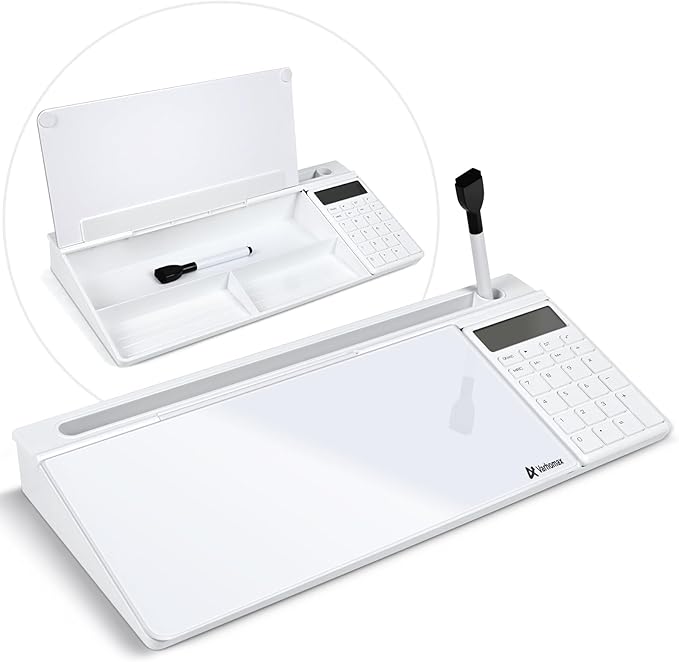 Varhomax Glass Desk Whiteboard with Calculator, Desktop Dry Erase White Board with Storage, to Do List Memo Notepad for Home and Office