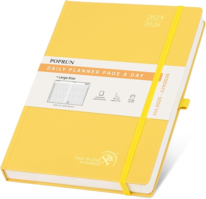 POPRUN 2025-2026 Daily Planner One Page Per Day (Large - 8.25'' x 12'') - Academic Calendar (July 2025 - June 2026), 2025 Day Appointment Book with Monthly Tabs, Hardcover - Light Yellow