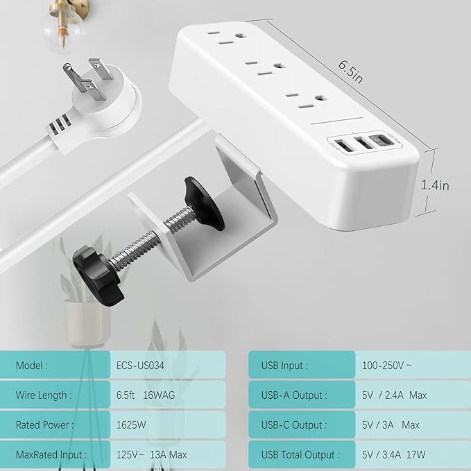 Desk Clamp Power Strip with USB C, 3 Outlets Desktop Mount Power Station with 6.5 ft Plug Extension Cord, White