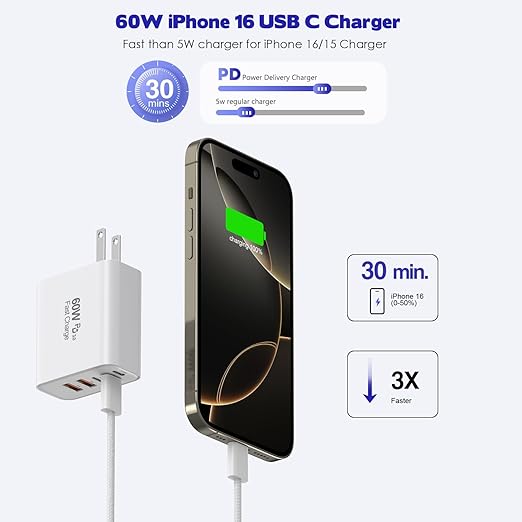 iPhone 17/16 Fast Charger Block,2 Pack 60W USB Charging Block 5-Port Charge Adapter for Apple iPhone Charger with 6FT USB C Woven Fast Charging Cable for iPhone17/16e/16Pro/15ProMax, iPad Pro/Air/Mini