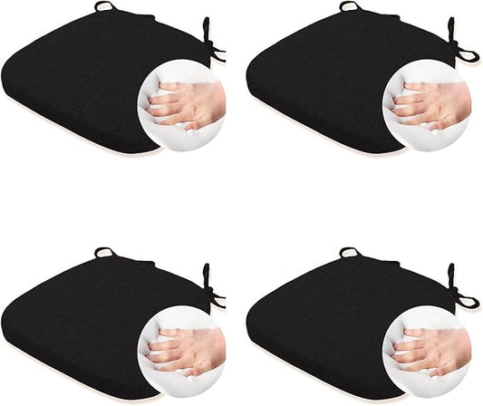Chair Cushion with Ties for Dining Chair - Memory Foam No Slip Kitchen Chair pad and Dining Room Seat Cushion with Machine Washable Cover Set of 4 [16.5 X 16.2 Inches] - (Black,4)