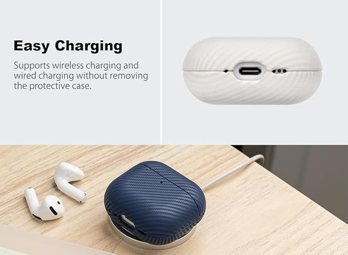 Leather Case - for AirPods 4 / AirPods 4 with Active Noise Cancellation Case Cover - Selected Skin-Friendly Leather, with Carbon Fibre Texture, Handmade Drop Protective Hard Cover - White